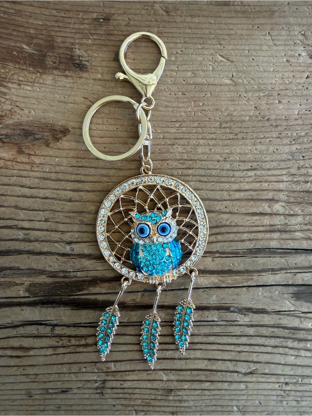 BOUTIQUE, METAL AND RHINESTONE OWL KEYCHAIN/BAG CHAIN
